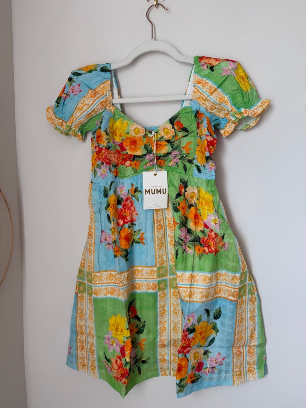 Show Me Your MuMu Patchwork Floral Mini Dress in Green & Sky Blue